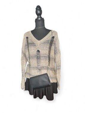 Women's Distressed V-Neck Sweater - Beige